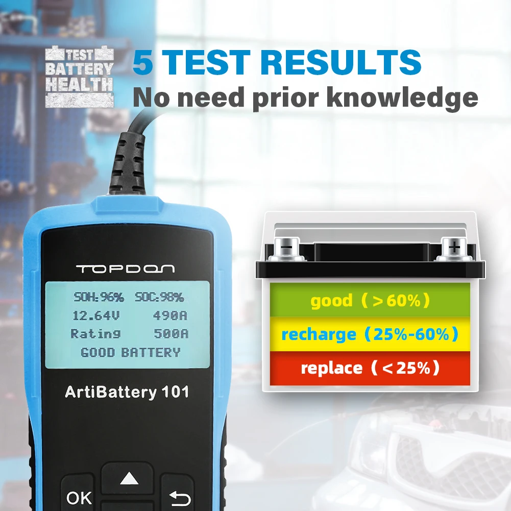 TOPDON AB101 BT50 12V 자동차 배터리 테스터 전압 배터리 테스트 자동차 충전기 분석기 2000CCA 자동차 크랭킹 충전 회로 테스터