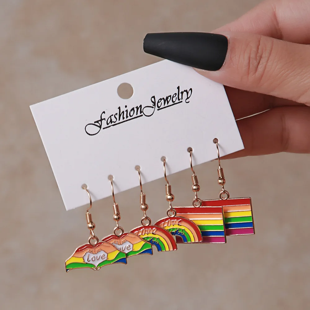 3pcs/set LGBT Rainbow Pendant Earrings Sets Fashion Heart Flag Dangle