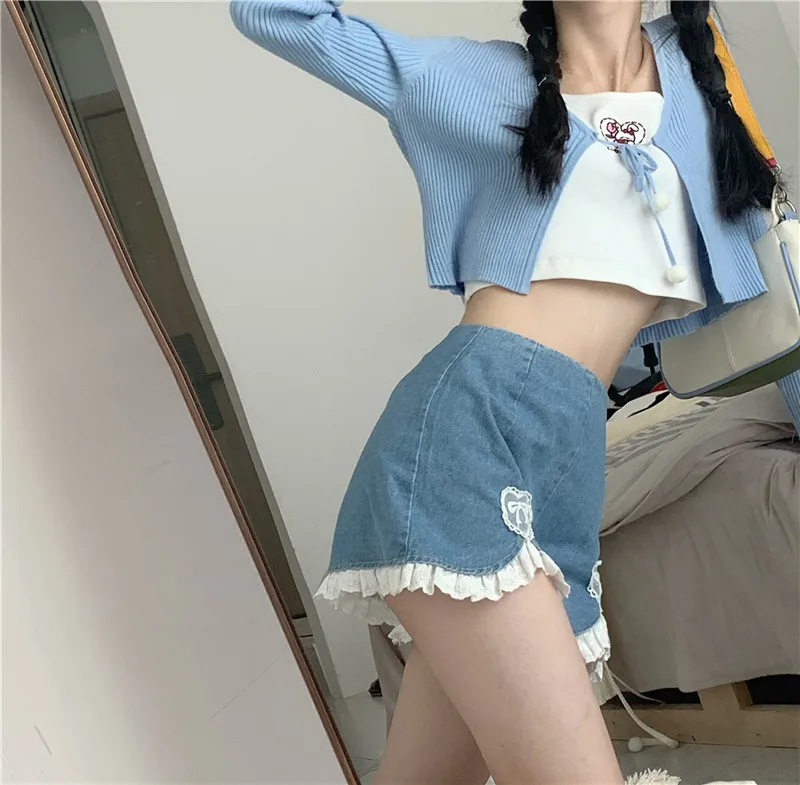 Women Sweet Kawaii Shorts Harajuku Cute Lace Ruffles Denim Short Pants Japanese E Girls Sexy Punk High Waist Shorts 2021 New