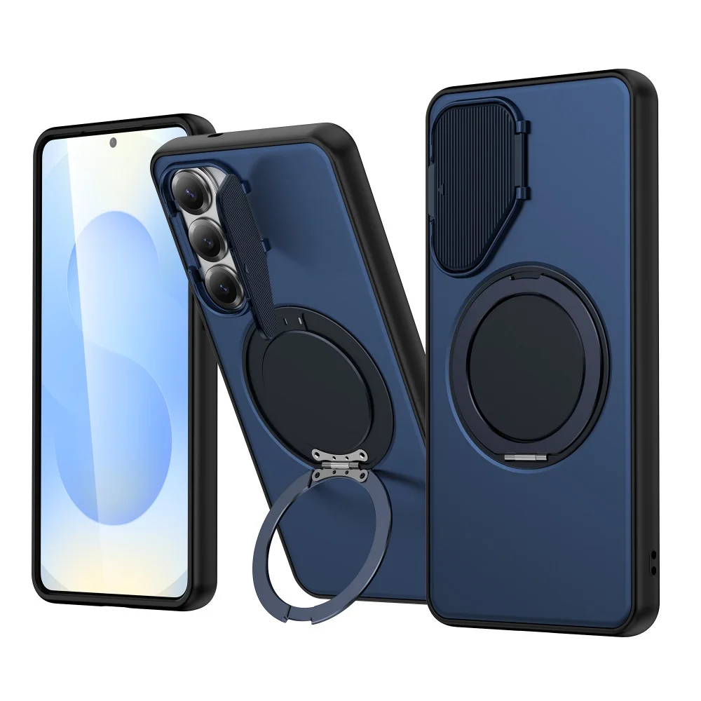 Magnetic Ring Holder Stand Case with Matte Finish and Foldable Lens Cover