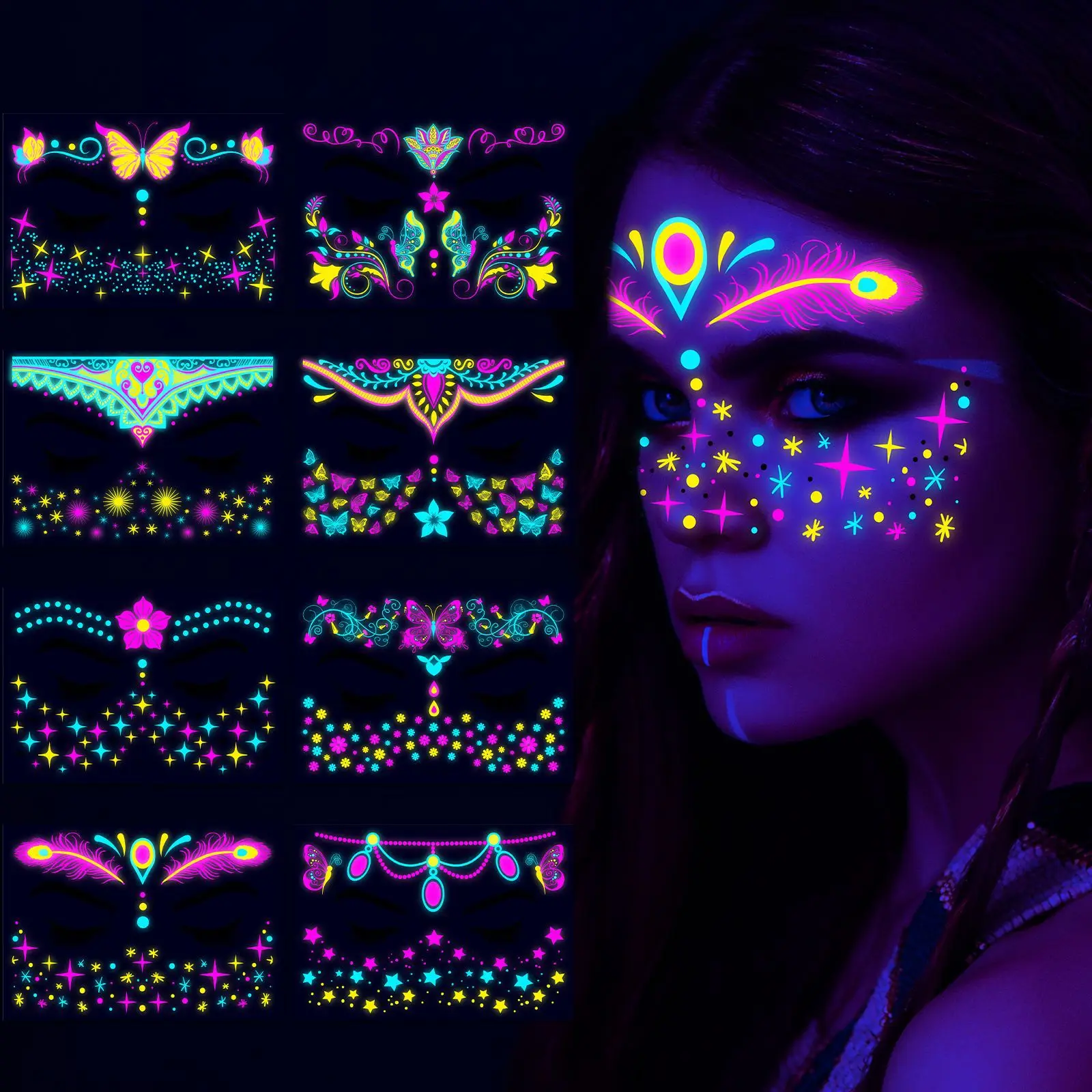 Glow in The Dark Temporary Tattoos, Face Tattoo Stickers Neon Face Tattoo Glitter Festival Gadget for Party Carnival Fancy Dress