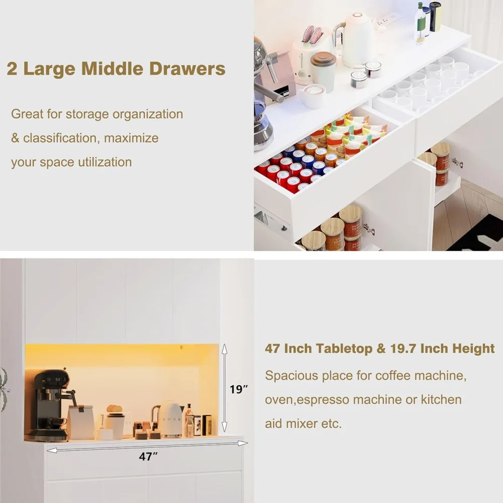 71" Tall 47" Wide Large Kitchen Pantry Storage Cabinet W/ Power Outlet,Led Light, Kitchen Hutch Pantry Cabinet W/ 2, Customized 4