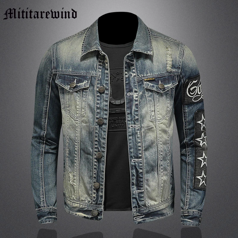 

Stars Patches Design Men's Slim Jackets Vintage Retro Disresssed Y2k Vibe Style Coats High Street Denim Clothing Male Classic