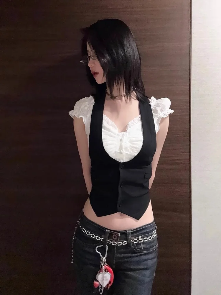 Pure Desire Spicy Girl Design Earlet Lace Trim ort Sve Women's irt Layering Hanging Ne Vest Top Two-Piece Set