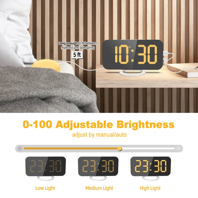 Multifunctional Digital Alarm Clock Large Number Display LED Electric Alarm  Clocks Mirror Surface for Bedroom Desktop
