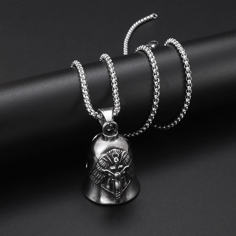 

Retro Style Fashion Classic Silver Color Angel Wings Motorcyclist Bell Pendant Necklace for Men Party Jewelry