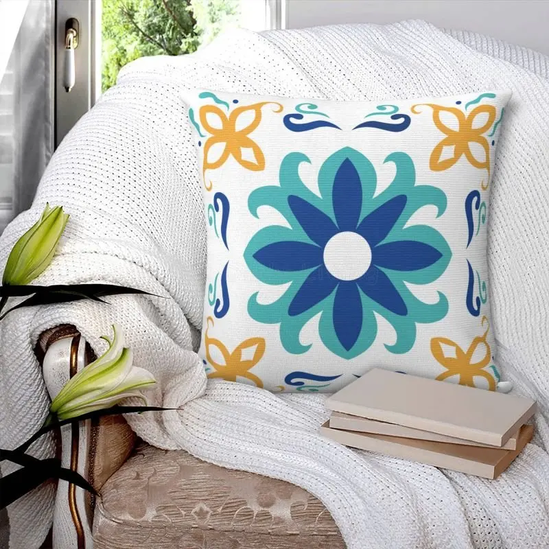 Throw Cushion Cover Boho Blue Floral Print Pillow Case Home Farmhouse Pillow Cover for Outdoor Patio Funiture Garden 18x18 Inch