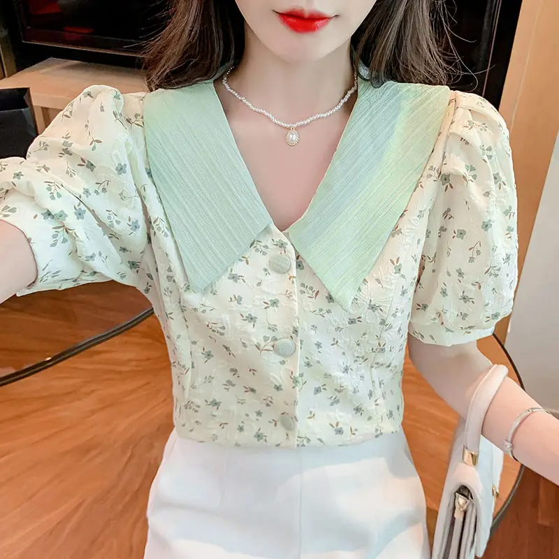 Womens Shirt & Blouse Floral Clothes Printed Tops for Women Collar Cute and Elegant with Puffy Sleeves Sale of Korea Stylish M S printed in north korea the art of everyday life in the dprk