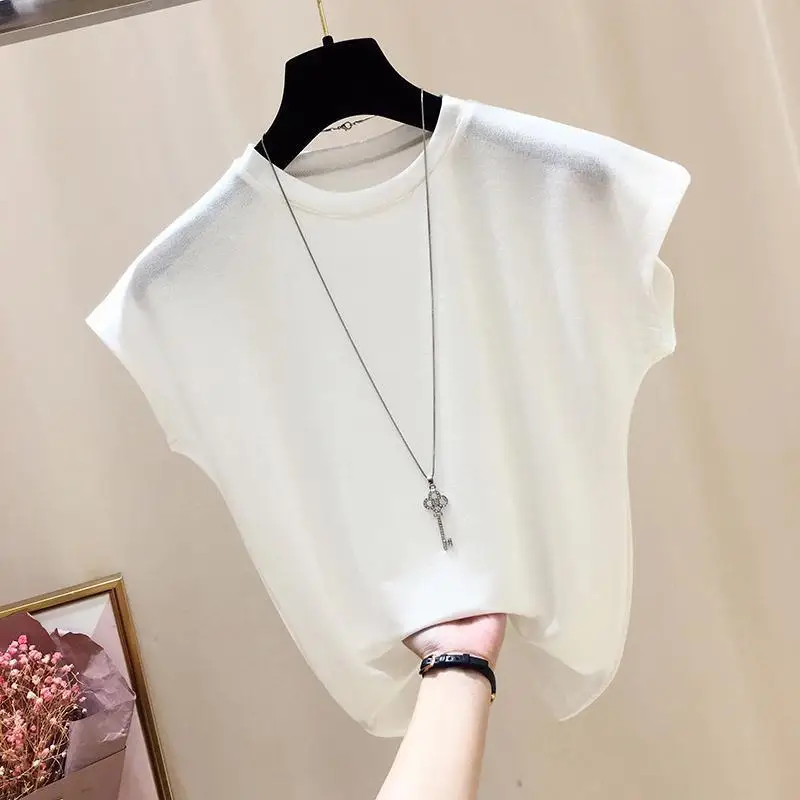 

2023 New Summer Fashion Trend Casual Loose Fitting Round Neck Solid Color Simple Commuting Oversized Ice Silk Knit T-shirt