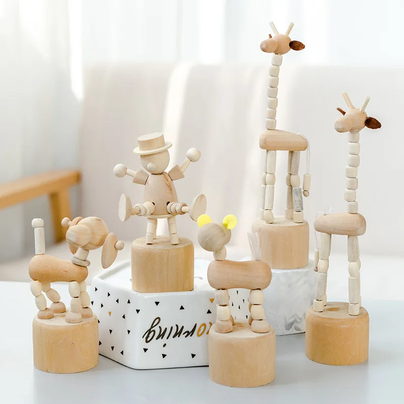 

Cartoon Wooden Artwork Movable Puppet Desktop Figurine Ornaments Clown Horse Giraffe Dog Statue Crafts Toy Gifts Home Decoration