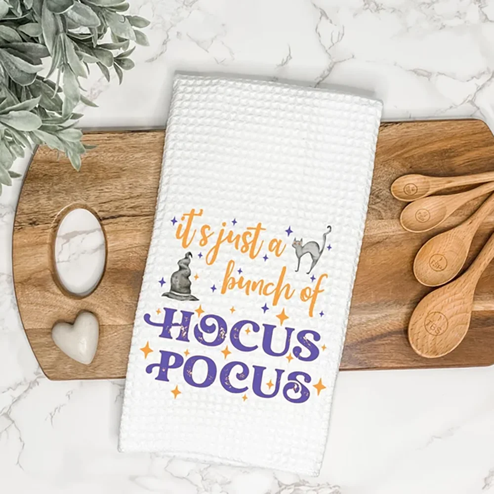 Hocus Pocus Halloween Waffle Tea Towel Fall Farmhouse Hand Dish Towel Fun AirBnb Kitchen Table Decor Housewarming Hostess Gift 3