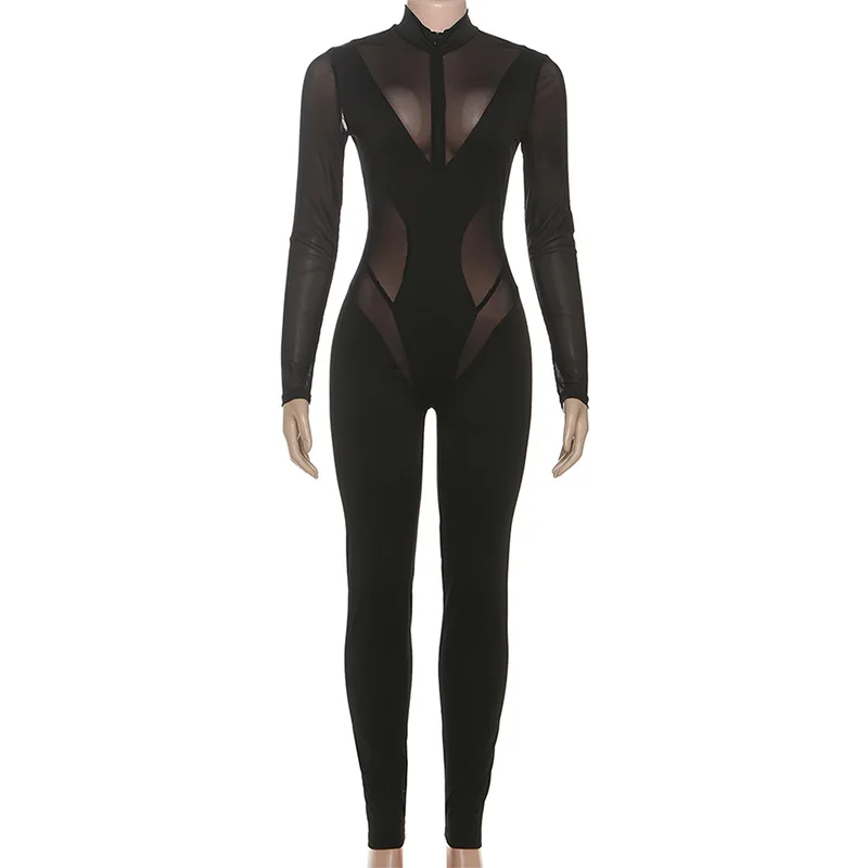 Yomesugar Sexy Mesh Patchwork See Through Jumpsuits Woman Zip Turtleneck Full Sleeve Skinny Rompers Midnight Party Clubwear