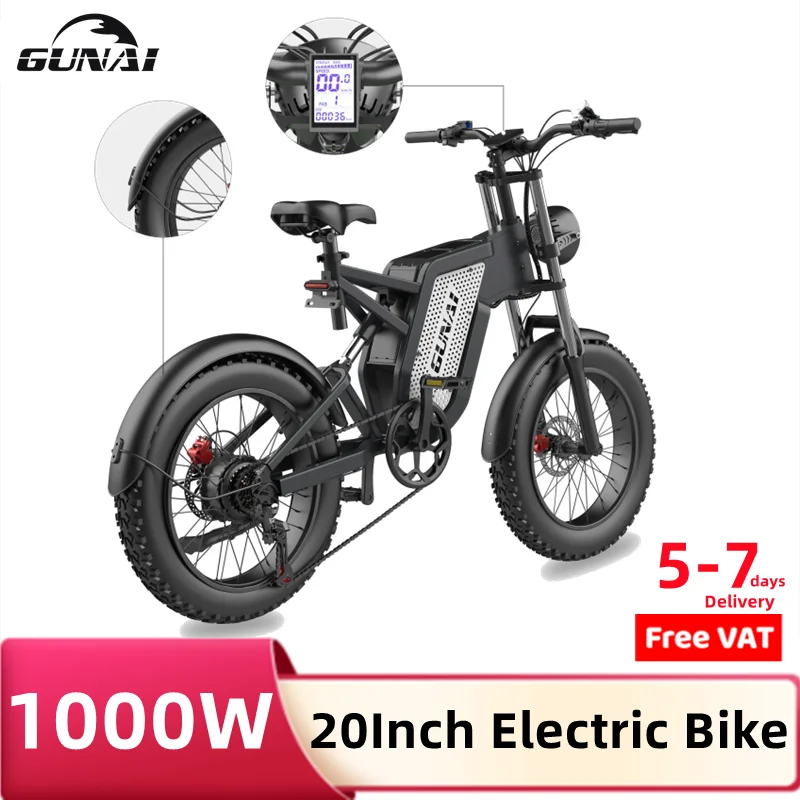 Gunai 1000W Elettrico Ebikes Motore Brushless 20 Pollici Adulto Grasso Pneumatico 200Kg Carico 7 Velocità 48V 25Ah Batteria Fuoristrada Mountain Bike
