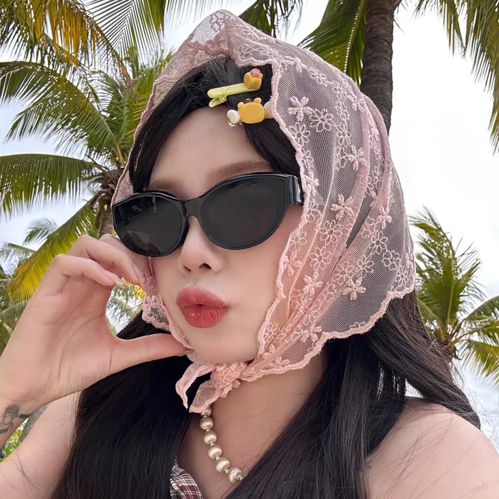 

French White Lace Flower Scarf Women's Summer Sweet Tied Hair Headscarf Triangle Scarf Clothing Accessories 2024 New