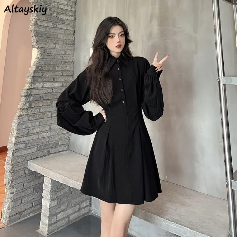 

French Retro Dresses Women Black Design Turn Down Collar Buttons Flattering Waist Slender Pleated A-line Midi Vestidos Popular