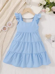 Summer Fresh Blue Girls' Dress with Lightweight Ruffled Flounce Skirt - 4 - 5Y (Blue)