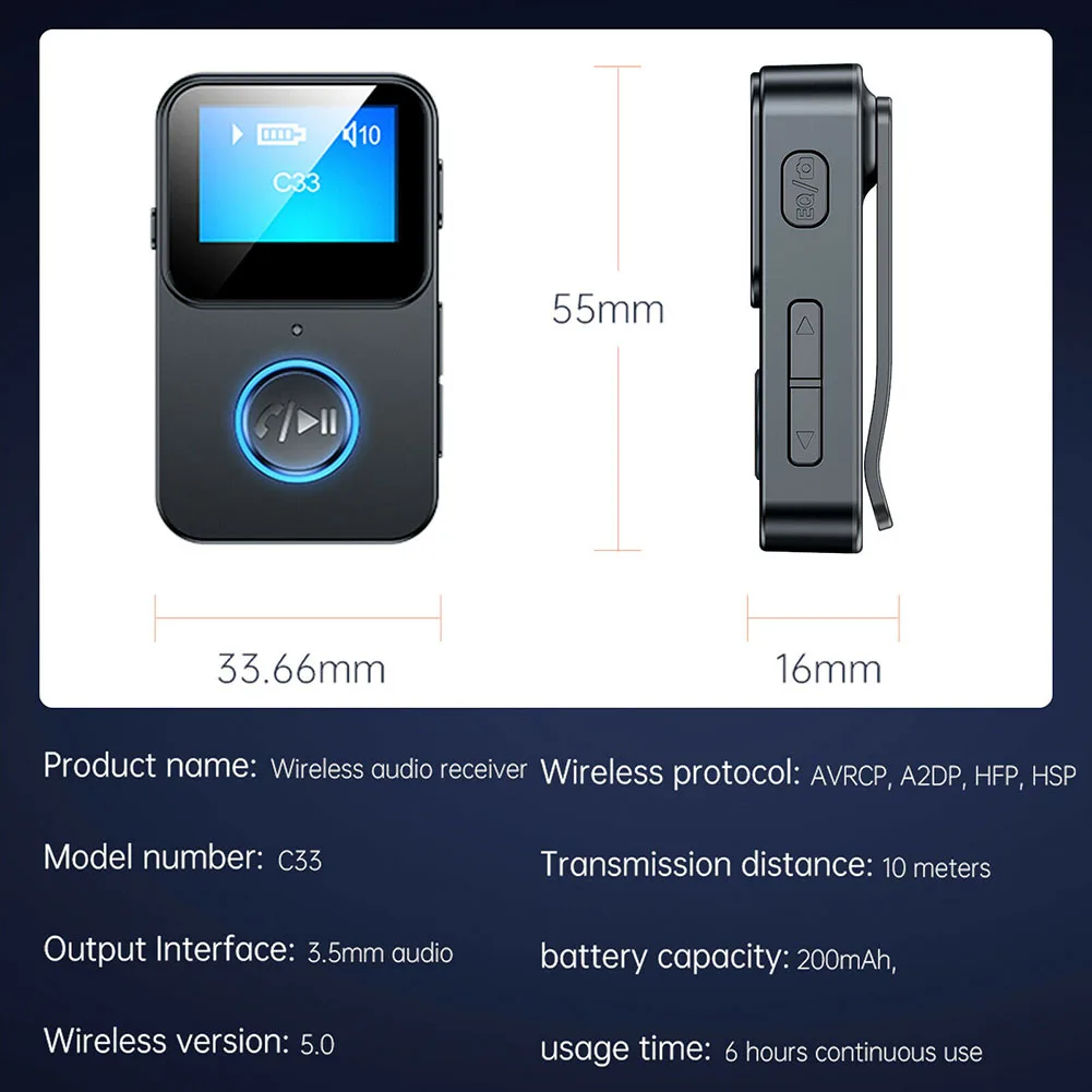Bluetooth Audio Adapter Bluetooth MP3 Receiver Bluetooth Music Player C33 Wireless Bluetooth-compatible 5.0 Audio Receiver 3.5mm Aux Audio Music Adapter with Screen Display
