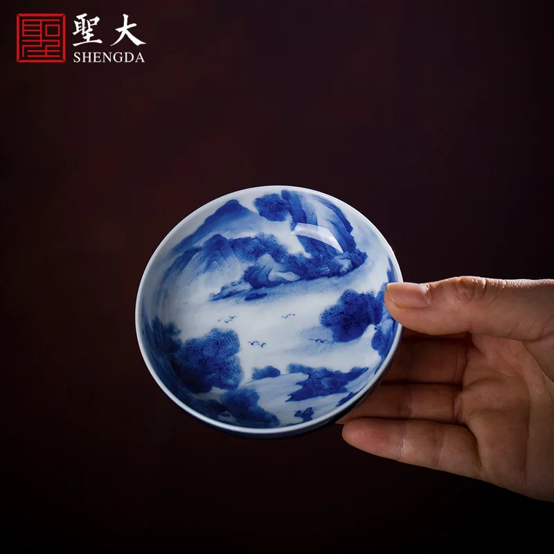 

|ceramic kungfu tea cup tea cup Ji blue hand-painted blue and white landscape master full hand-made Jingdezhen tea set