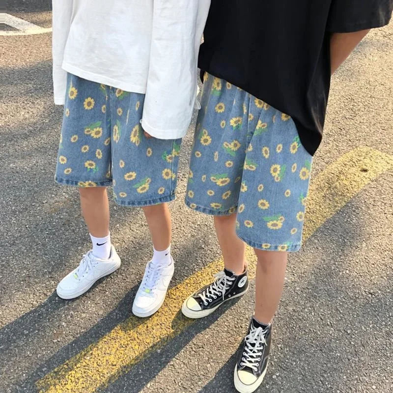 Daisy Denim Shorts Men's Summer High Street Capris Women Techwear Oversize Leisure Beach Pants Unisex Streetwear