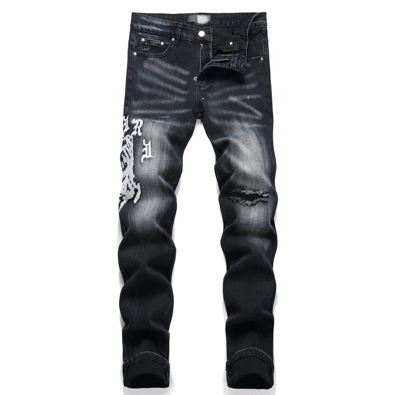 

Men Hand Embroidered Amirys Jeans Man Street Wear Pants National Style Pattern Personality Ripped Skinny Stretch Slim Trousers