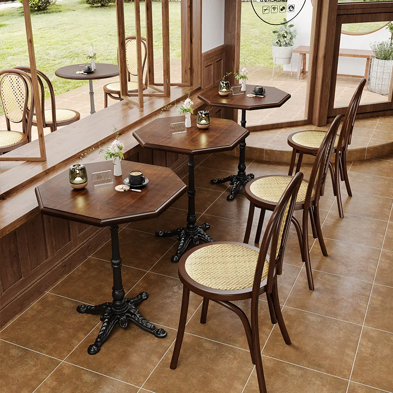 (6) Retro Solid Wood Western Restaurant Chairs, Internet Celebrity Bakery Dessert Shop Tables