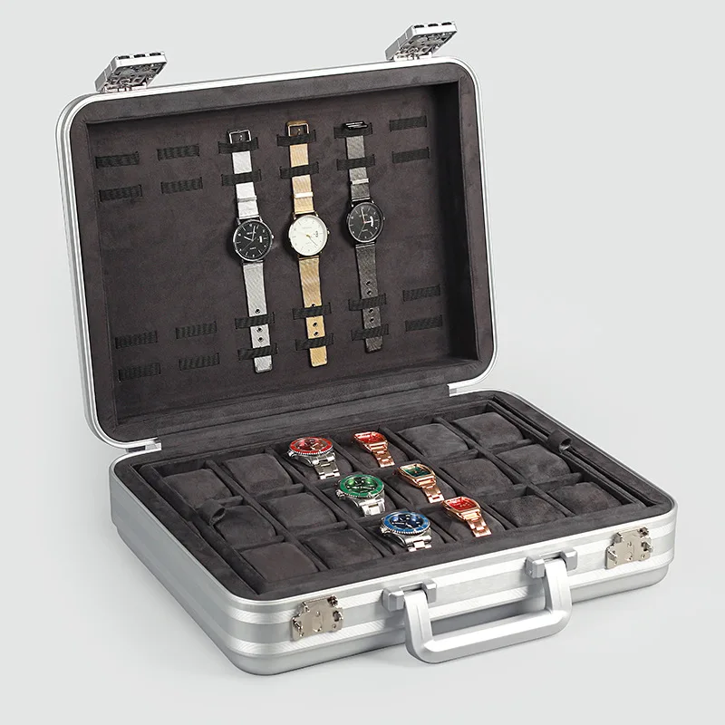 Aluminum Luxury Watch Box Large Metal Watch Box Organizer Storage Bag with Lock 18 Grid Suitcase Travel Case Display Gift