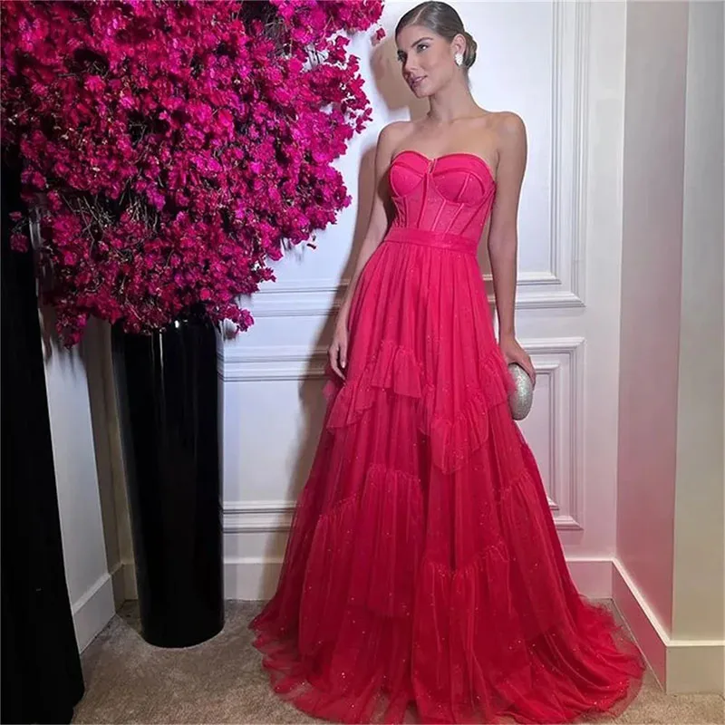 

2024 Vintage Pink Evening Dress Celebrity Style Sweetheart Tiered Pleat Tulle Women Prom Formal Party Gowns