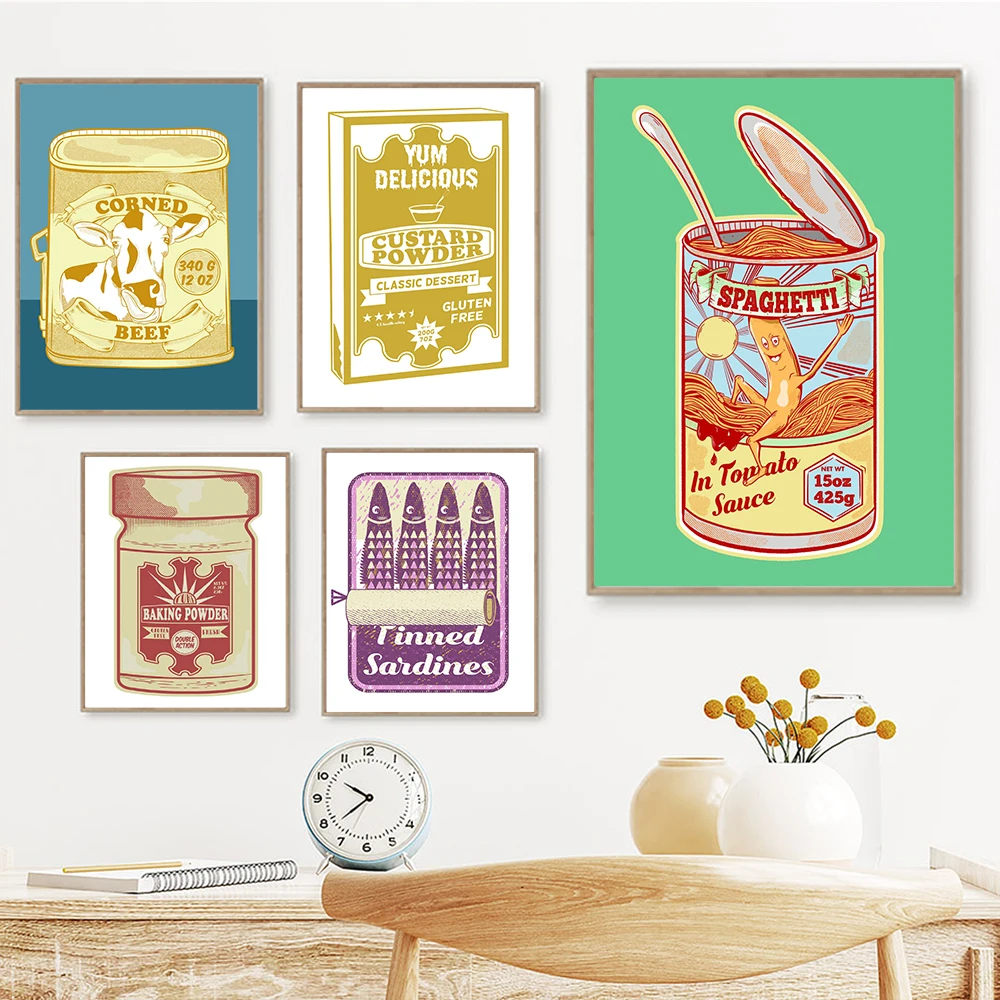 Corned Beef Crema Pasticcera Poster Wall Art Canvas Painting Sardine Spaghetti Lievito In Polvere Immagini Divertenti Cartoon Kitchen Home Decor