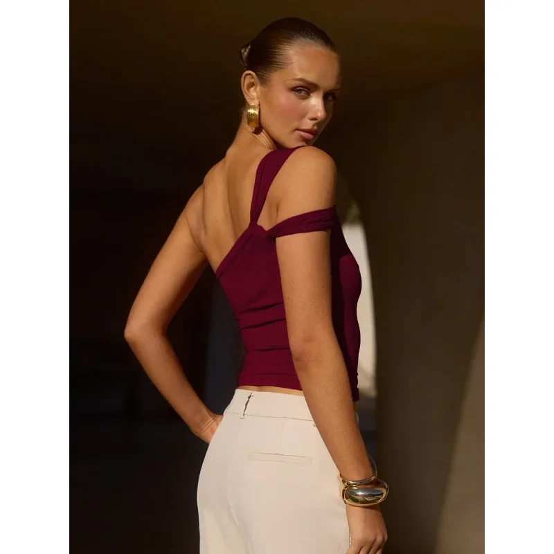 Spring and Summer New Women's Design Sense Irregular Straps Off-Shoulder Bandeau Vest Fashion Y2K Pleated Women's Slim Sling Top