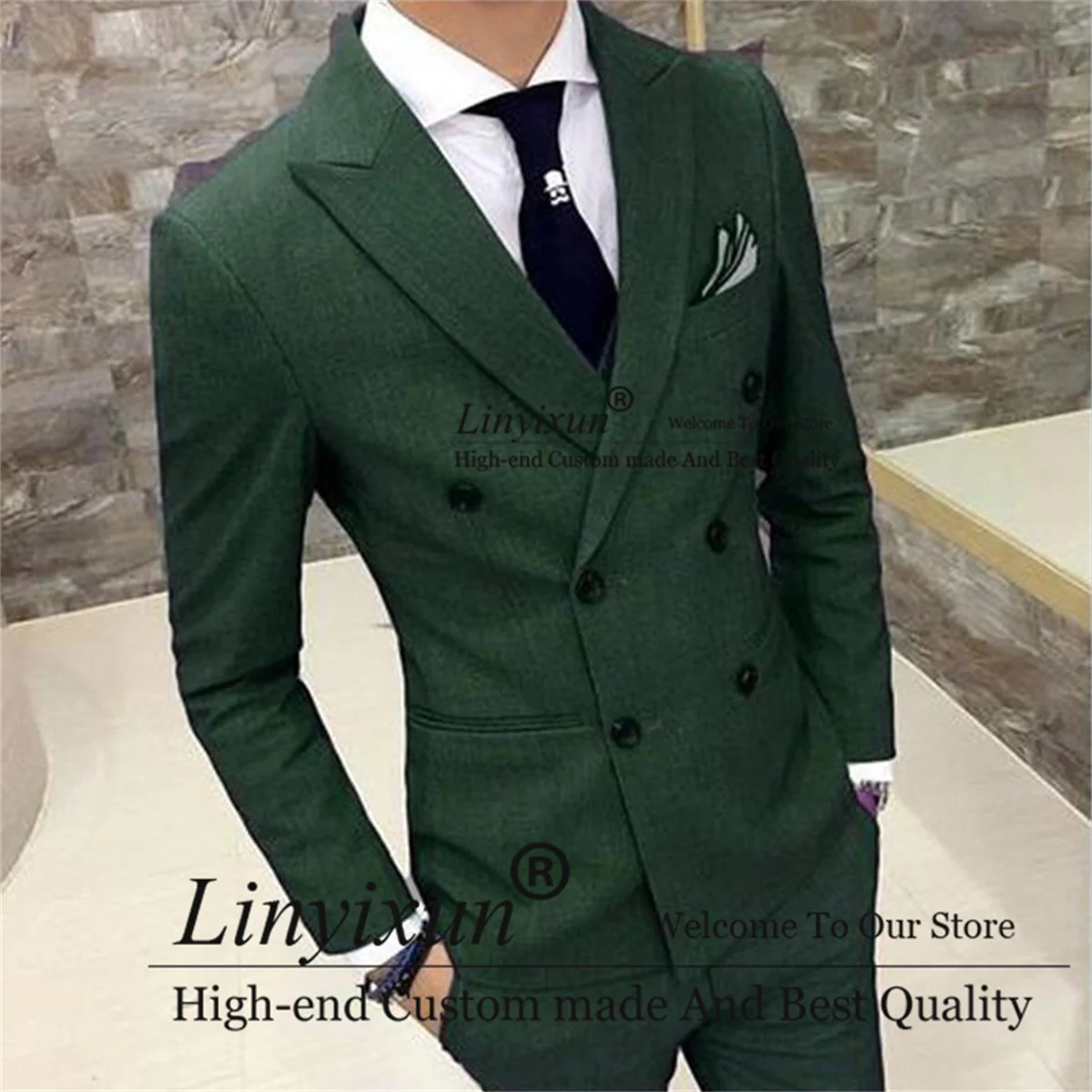 

Green Double Breasted Men Suits Slim Fit Peaked Lapel Groom Tuxedo for Wedding 2 Pieces Fashion Groomsmen Prom Blazer Sets
