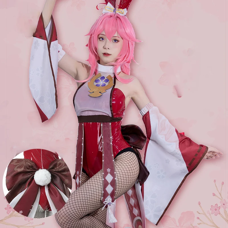 

Game Genshin Impact Cosplay Yae Miko Cosplay Set Sexy Red Cosplays Rabbit Girls Costume Jumpsuit
