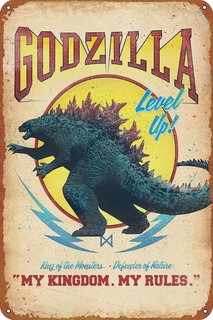 Godzilla: My Kingdom, My Rules Movie Poster Tin Sign Cafe bar Home Wall Art Decoration Retro Metal Tin Sign 8x12 inch