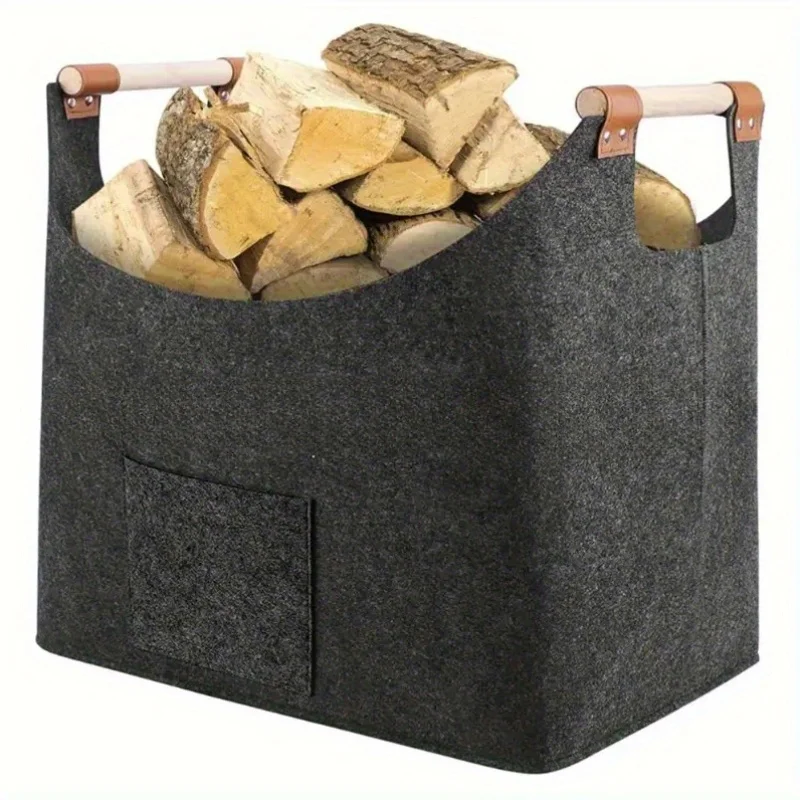1pc  Foldable Heavy Duty Felt Firewood Basket,  Reinforced Handles - Multi-purpose Storage for Home & Camping - Dark Grey