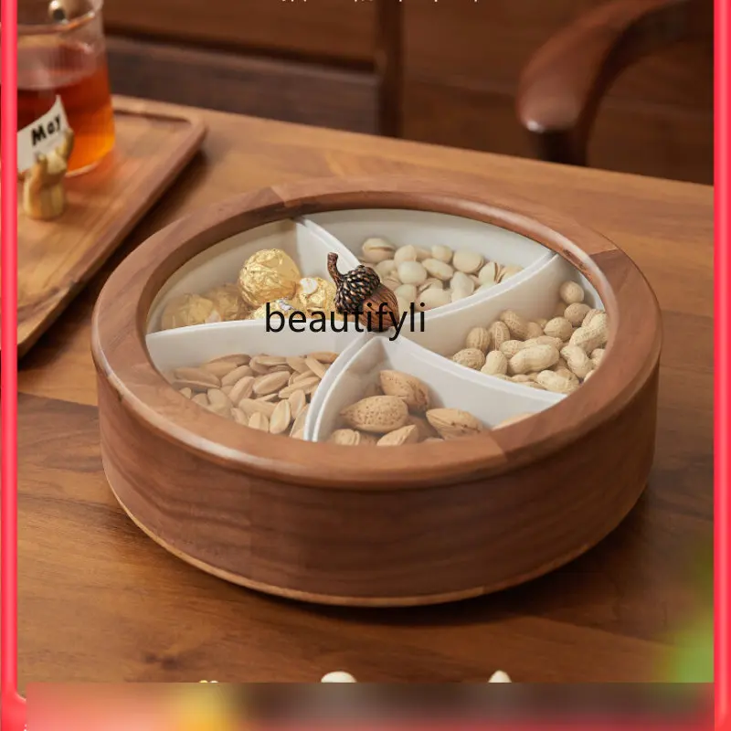 

yj Solid Wood Dried Fruit Tray Snack Nuts Storage Box Walnut Rotatable Divided Fruit Plate