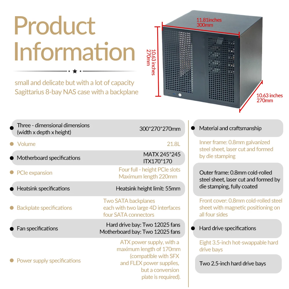 ATX 전원 공급 장치 MATX 전체 높이 PCIe Qunhui AIO 스토리지 UNRAID Sagittarius 8베이 NAS 섀시(백보드 포함)