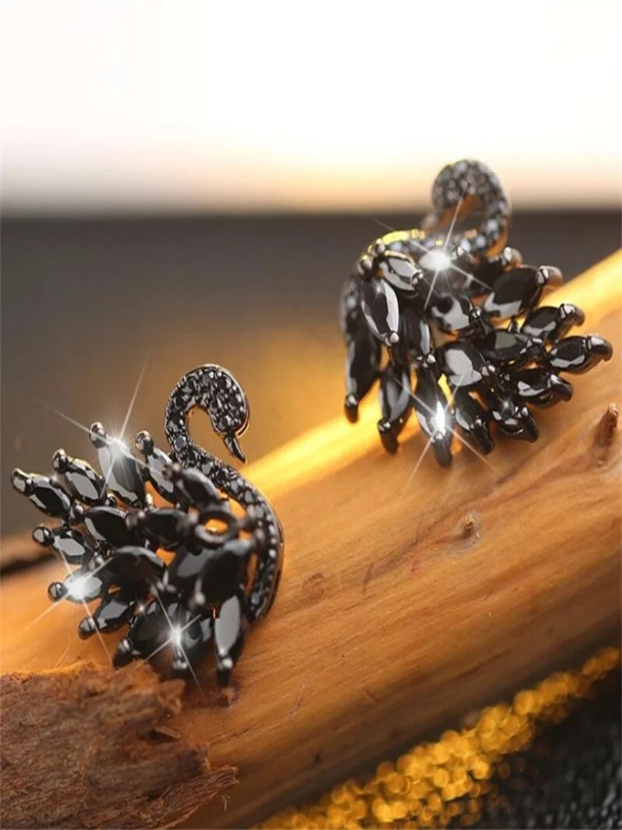 Gold Earring Black Swan Earrings Swarovski Black Swan Earrings