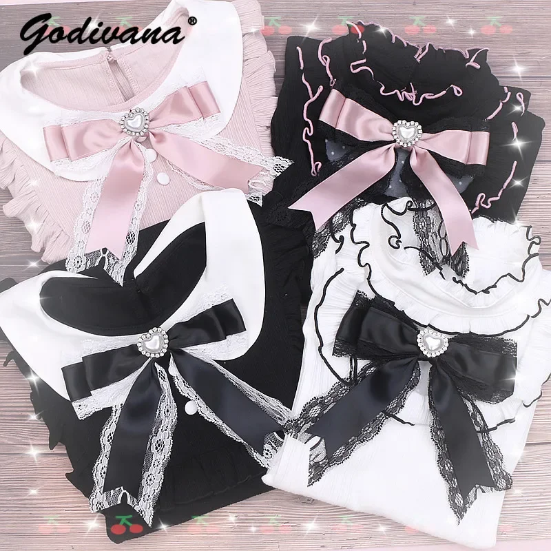 

Handmade Japanese Style Heart Rhinestone Bow Tie Clips Sweet Lace Trim Pearl Girl Women's Bow Tie Collar Pink Black Brooch