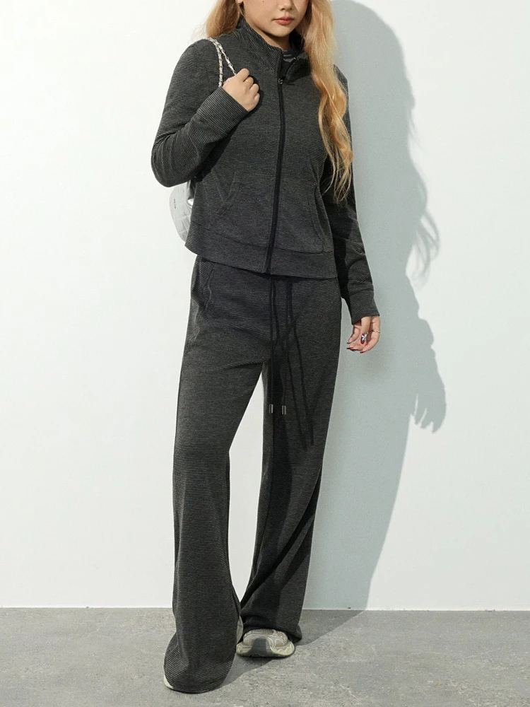 Fashion Plus Size Women's Sets Premium Slim Stand Collar Hot Girl Imitation Cashmere Zipper Jacket And Flare Long Pants Autumn