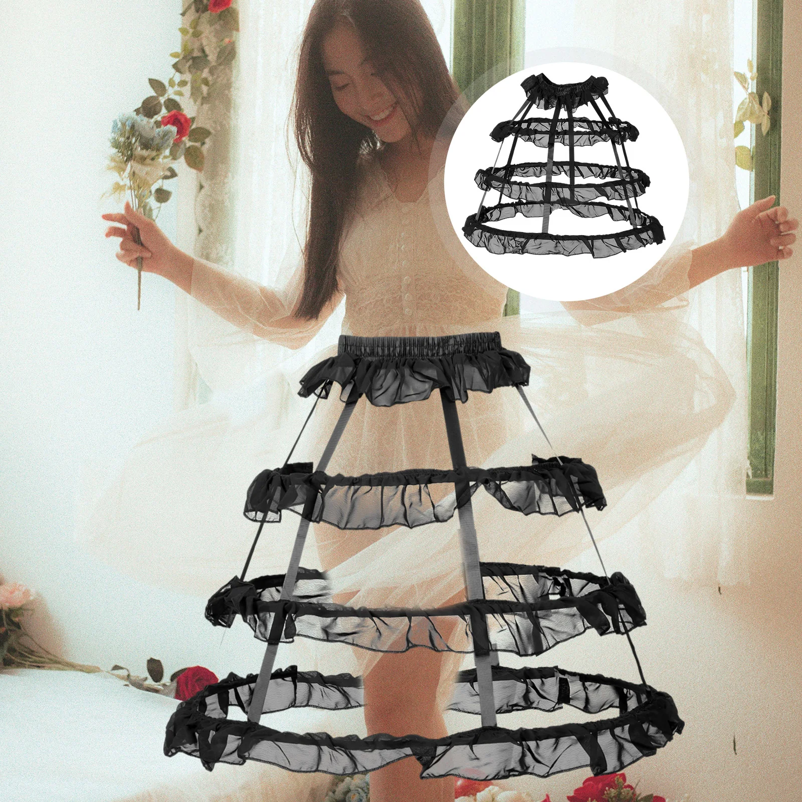 Hollow Bustle Wedding Petticoat Cage Hoop Skirt Ruffles Petticoats for Women Underskirt Fabric