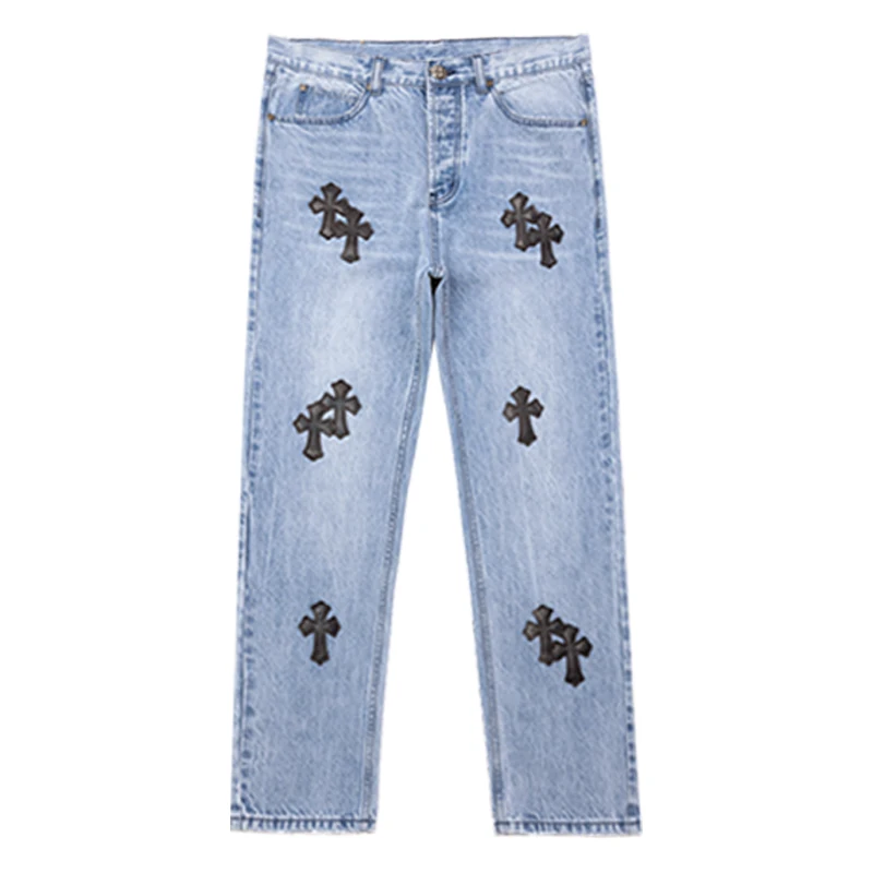 

cheap designer mens jeans American style distressed and outdated patchwork leather cross loose cleanfit denim pants for men 501