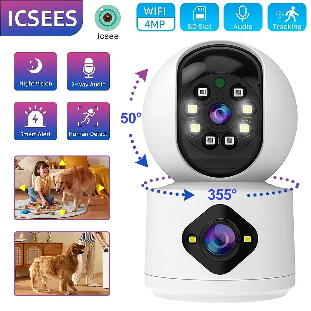 4MP Dual Lens PTZ Camera Dual Screen Baby Monitor Auto Tracking Ai Human Detection Home Secuiryt CCTV Video Surveillance