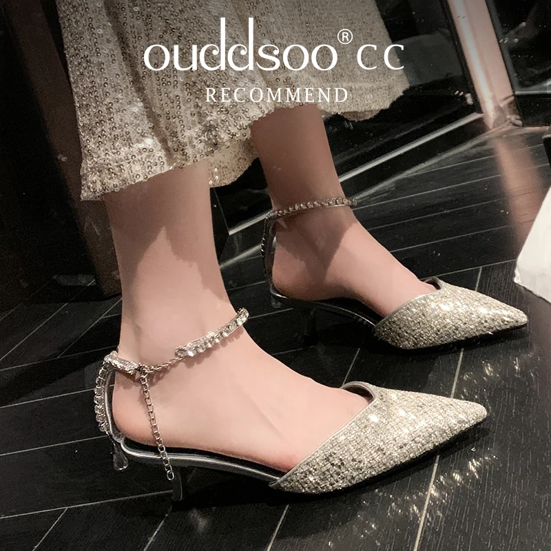 

ODS Crystal Bling Chain Shiny Sandals Pointed Toe Stiletto High Heel Shallow Ankle Strap Sexy Luxury New Women Shoes Summer 4142