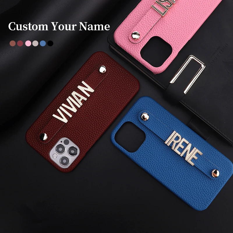 

Custom Name Genuine Leather Cowhide Phone Case For iPhone15 14 14ProMax 14Plus 13Promax 13Striped Metal Letters Luxury Cover