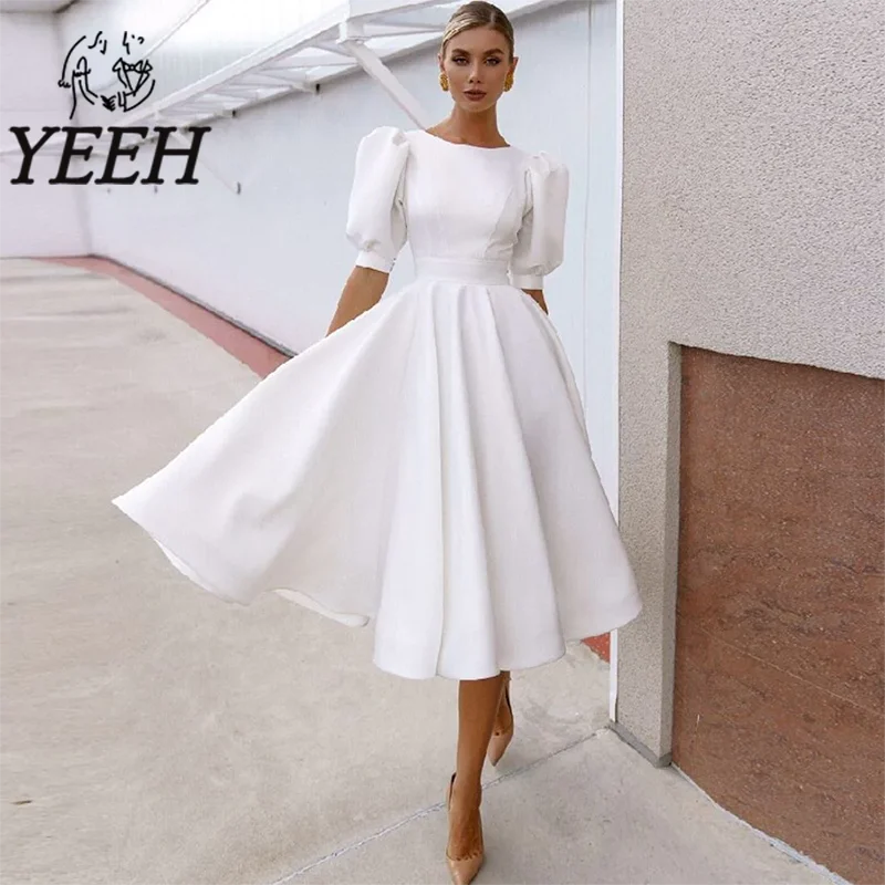 

YEEH Wedding Dress Elegant Cut Out Back Satin Bridal Gown Boat Neck Half Puffy Sleeves Knee-length Vestido De Noiva for Bride
