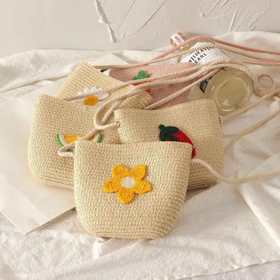 Children Mini Flower Handbag Girls Cute Shoulder Straw Bag For Kids Straw Crossbody Handmade Bag New Momen Exquisite Fruit Bag