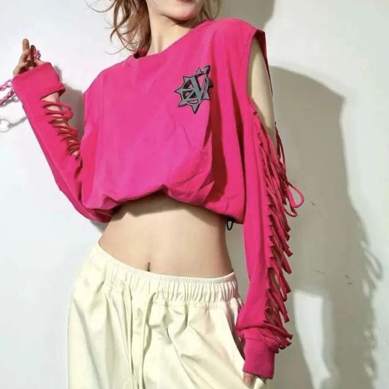Off Shoulder Cut Off Shoulder Women Autumn and Winter Short Dance Square Dance Ghost Step Long Sleeved Style Top