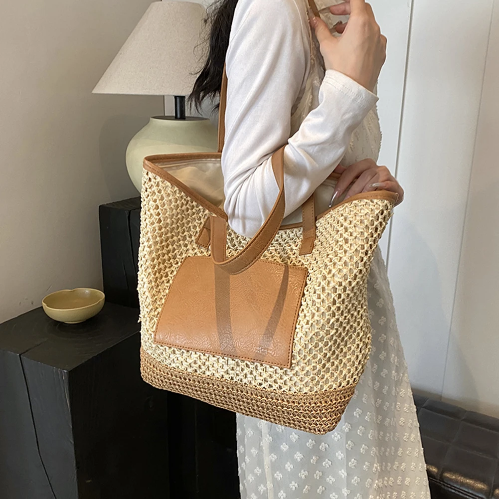 Summer Women's Tote Bags PU Leather Purses for Women Raffia Woven Crochet Large Shopping Bag Ladies Straw Shoulder Handbags 2024