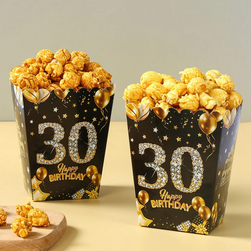 Description Picture 6 of item6pcs Birthday Paper Popcorn Box Black Gold Party Favor Treat Box for 18 21 30 40 50 60 Years Old Aldult Birthday Party Suplies