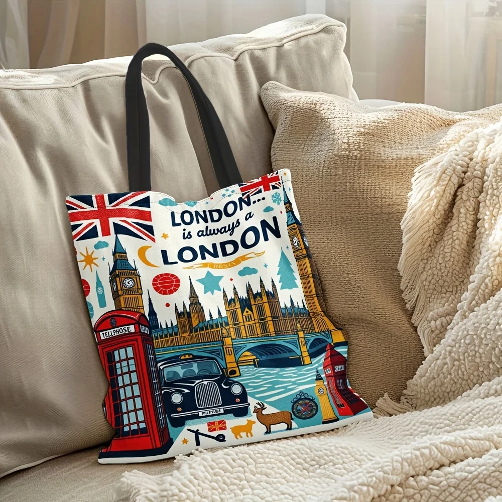 London-Themed Reusable Canvas Shopping Tote with Large Capacity