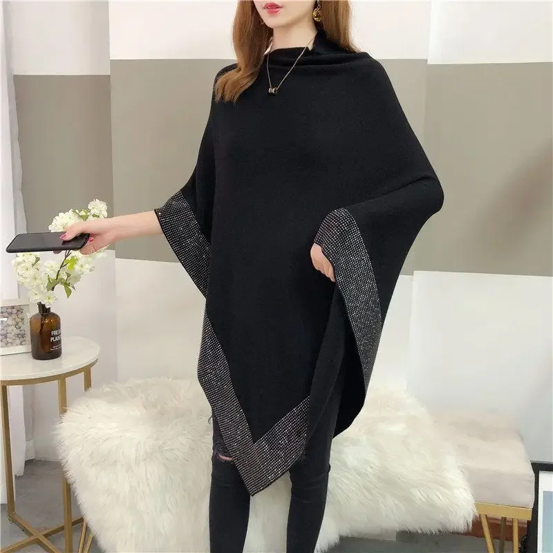 

New Autumn Fashion Winter Diamonds Knit Shawl Cloak Loose Plus Size Solid Woman Poncho Cape Pullover Sweater Black Capes Cloaks